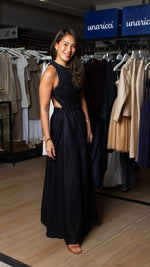 Load image into Gallery viewer, Elastic Waist Criss Cross Back Dress - Black Matte Linen

