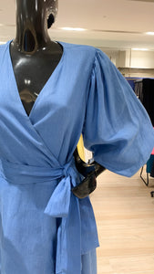 3/4 Mushroom Sleeve Wrap Pleated Hem Dress - Azure Blue Linen