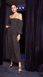 Load image into Gallery viewer, Off-Shoulder Wide Hem Jumpsuit - Small Checks
