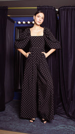 Load image into Gallery viewer, Square Neckline Puff Sleeve Wide Leg Jumpsuit - White Polka Dot Satin
