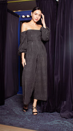 Load image into Gallery viewer, Off-Shoulder Wide Hem Jumpsuit - Small Checks
