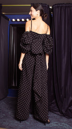 Load image into Gallery viewer, Square Neckline Puff Sleeve Wide Leg Jumpsuit - White Polka Dot Satin
