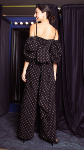 Square Neckline Puff Sleeve Wide Leg Jumpsuit - Black Polka Dot Satin