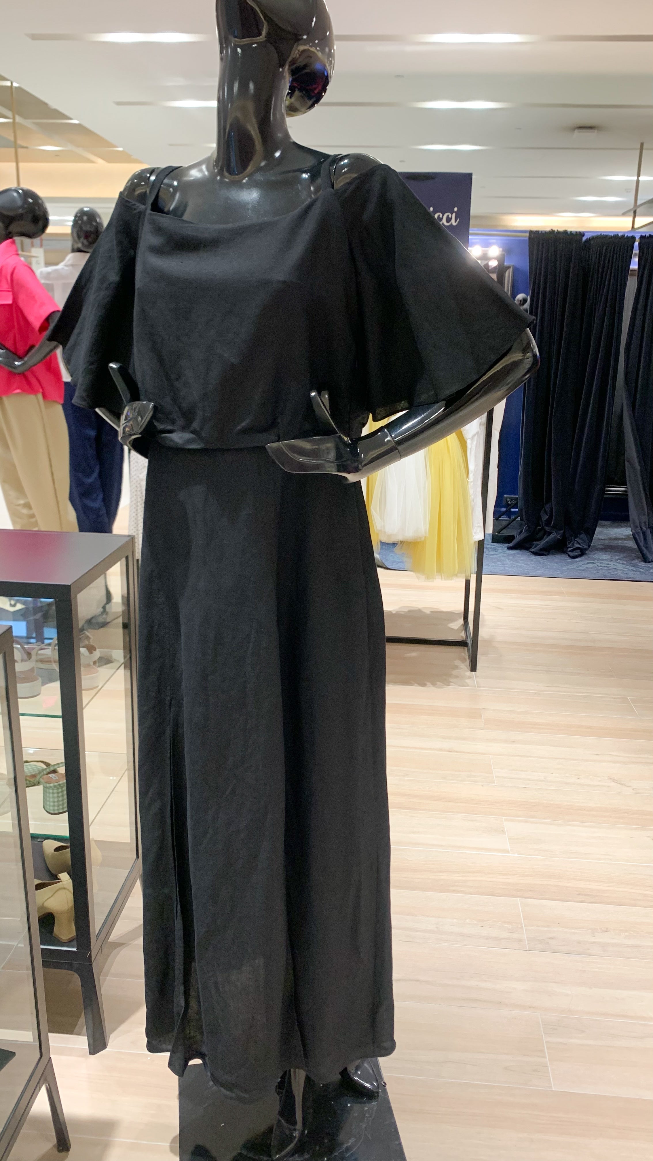 Flounce Cutout Sleeve Double Slit Front Dress - Black Linen