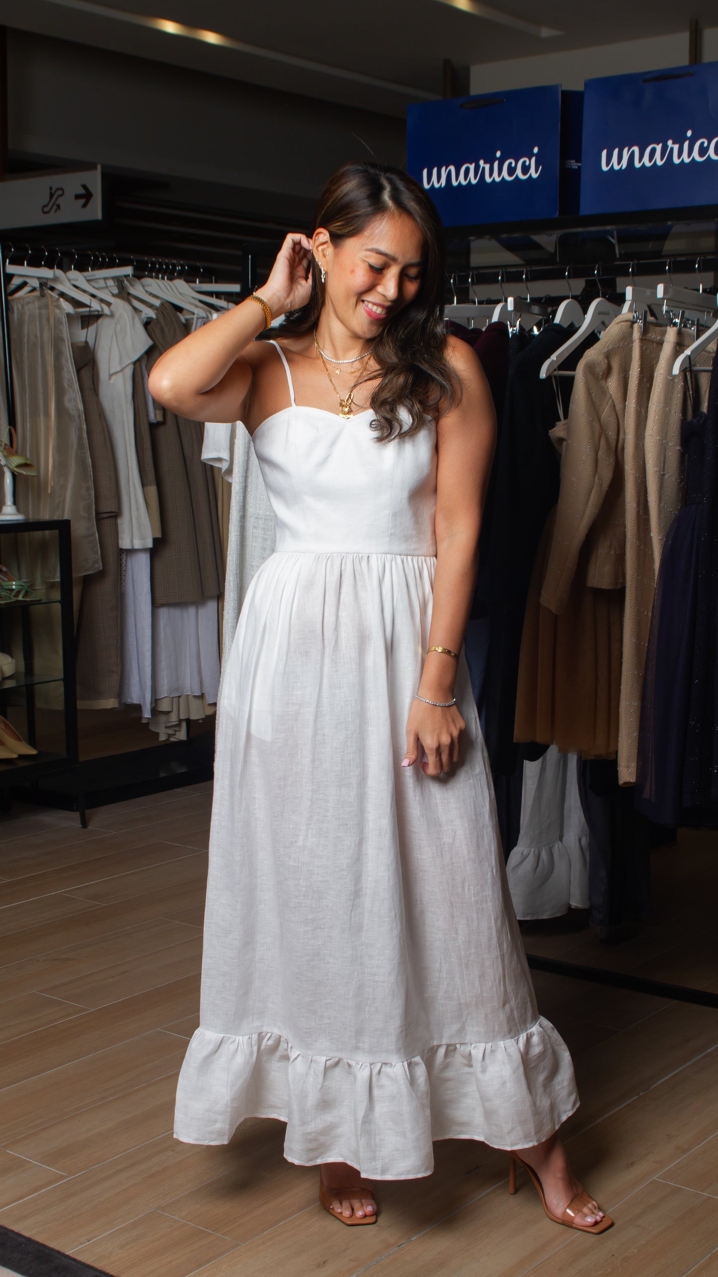 Semi-Sweetheart Spaghetti Strap A-Line Ruffle Hem Dress - White Linen