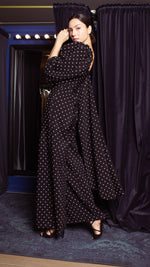 Load image into Gallery viewer, Square Neckline Puff Sleeve Wide Leg Jumpsuit - White Polka Dot Satin
