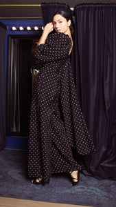 Square Neckline Puff Sleeve Wide Leg Jumpsuit - Black Polka Dot Satin