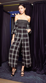 Load image into Gallery viewer, Off-Shoulder Wide Hem Jumpsuit - Small Upper Body, Big on Sleeve &amp; Pants Checks
