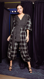 Load image into Gallery viewer, Oversized Front Wrap Jumpsuit with Detachable Wide Belt - Checks
