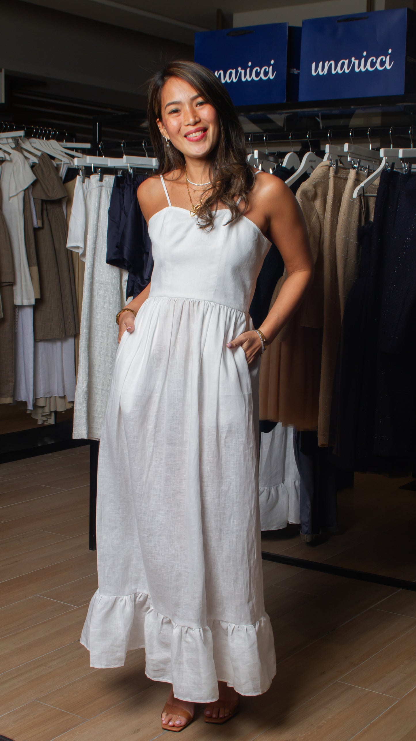 Semi-Sweetheart Spaghetti Strap A-Line Ruffle Hem Dress - White Linen
