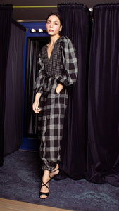 Oversized Front Wrap Jumpsuit with Detachable Wide Belt Jumpsuit - Checks