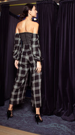 Load image into Gallery viewer, Off-Shoulder Wide Hem Jumpsuit - Small Upper Body, Big on Sleeve &amp; Pants Checks
