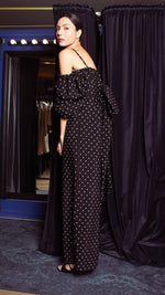 Load image into Gallery viewer, Square Neckline Puff Sleeve Wide Leg Jumpsuit - Black Polka Dot Satin
