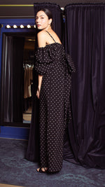 Load image into Gallery viewer, Square Neckline Puff Sleeve Wide Leg Jumpsuit - White Polka Dot Satin
