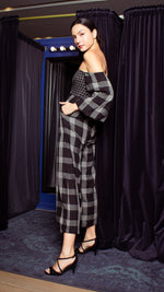 Load image into Gallery viewer, Off-Shoulder Wide Hem Jumpsuit - Small Upper Body, Big on Sleeve &amp; Pants Checks
