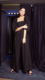 Load image into Gallery viewer, Square Neckline Puff Sleeve Wide Leg Jumpsuit - Black Polka Dot Satin
