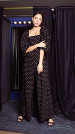 Load image into Gallery viewer, Square Neckline Puff Sleeve Wide Leg Jumpsuit - White Polka Dot Satin
