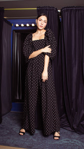Square Neckline Puff Sleeve Wide Leg Jumpsuit - White Polka Dot Satin