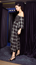 Load image into Gallery viewer, Off-Shoulder Wide Hem Jumpsuit - Small Upper Body, Big on Sleeve &amp; Pants Checks
