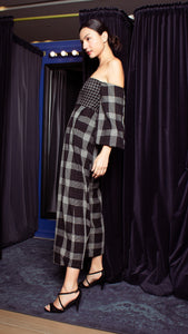 Off-Shoulder Wide Hem Jumpsuit - Small Upper Body, Big on Sleeve & Pants Checks