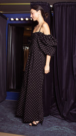 Load image into Gallery viewer, Square Neckline Puff Sleeve Wide Leg Jumpsuit - White Polka Dot Satin
