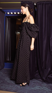 Square Neckline Puff Sleeve Wide Leg Jumpsuit - Black Polka Dot Satin