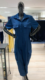 Load image into Gallery viewer, Short Sleeve Baggy Jumpsuit - Metallic Blue Cotton Twill
