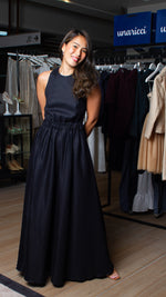 Load image into Gallery viewer, Elastic Waist Criss Cross Back Dress - Black Matte Linen
