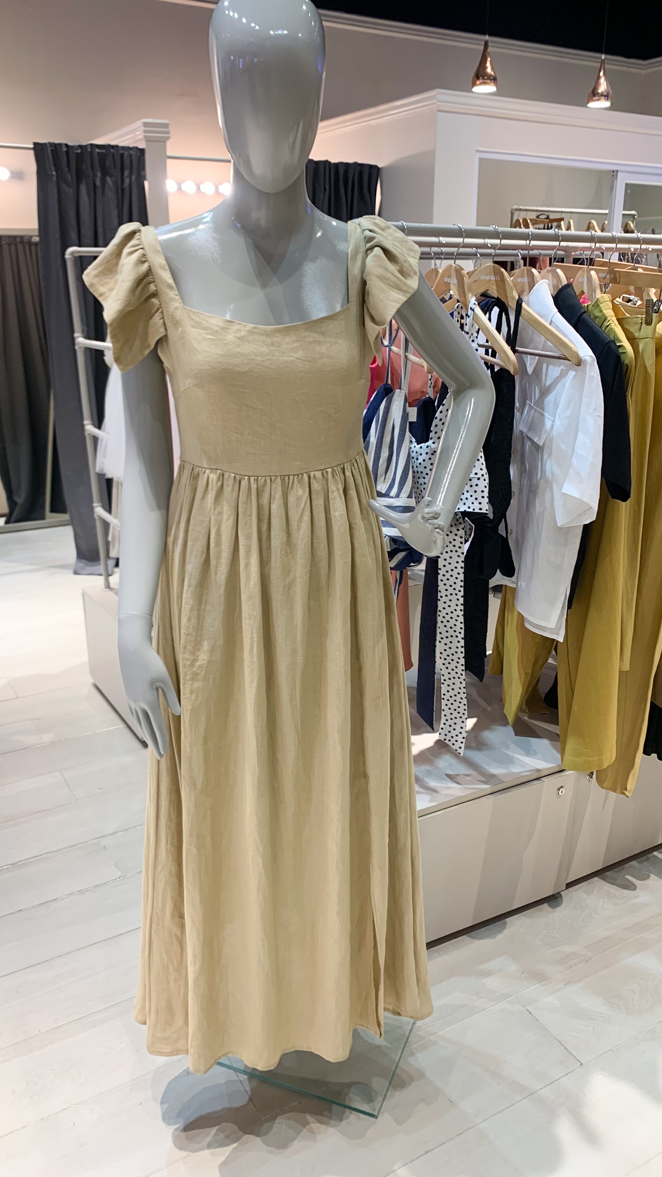Ruffle Sleeve Long Dress - Tan Linen