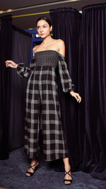 Load image into Gallery viewer, Off-Shoulder Wide Hem Jumpsuit - Small Upper Body, Big on Sleeve &amp; Pants Checks
