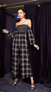 Off-Shoulder Wide Hem Jumpsuit - Small Upper Body, Big on Sleeve & Pants Checks