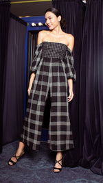 Load image into Gallery viewer, Off-Shoulder Wide Hem Jumpsuit - Small Upper Body, Big on Sleeve &amp; Pants Checks
