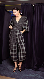 Load image into Gallery viewer, Oversized Front Wrap Jumpsuit with Detachable Wide Belt - Checks
