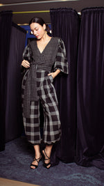 Load image into Gallery viewer, Oversized Front Wrap Jumpsuit with Detachable Wide Belt Jumpsuit - Checks
