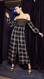 Load image into Gallery viewer, Off-Shoulder Wide Hem Jumpsuit - Small Upper Body, Big on Sleeve &amp; Pants Checks
