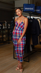 Sweetheart V-Cutout Baggy Jumpsuit - Red Checks