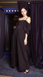 Load image into Gallery viewer, Square Neckline Puff Sleeve Wide Leg Jumpsuit - Black Polka Dot Satin
