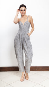 Sweetheart V-Cutout Baggy Jumpsuit in Black and White Tweed