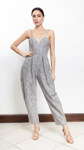 Sweetheart V-Cutout Baggy Jumpsuit in Black and White Tweed