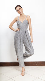 Load image into Gallery viewer, Sweetheart V-Cutout Baggy Jumpsuit in Black and White Tweed
