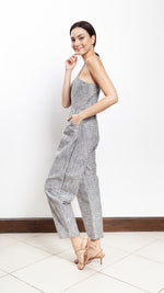 Load image into Gallery viewer, Sweetheart V-Cutout Baggy Jumpsuit in Black and White Tweed
