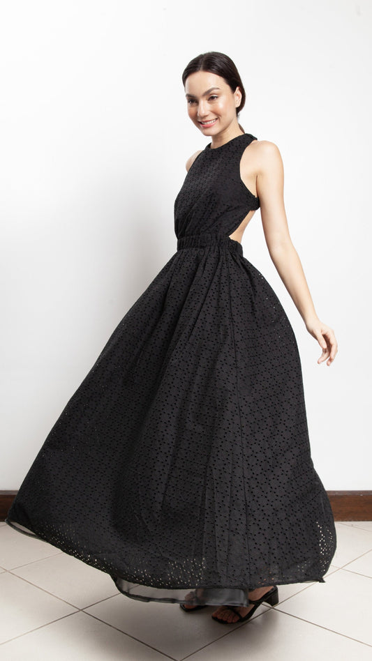 Elastic Waist Criss Cross Back Dress - Black Eyelet