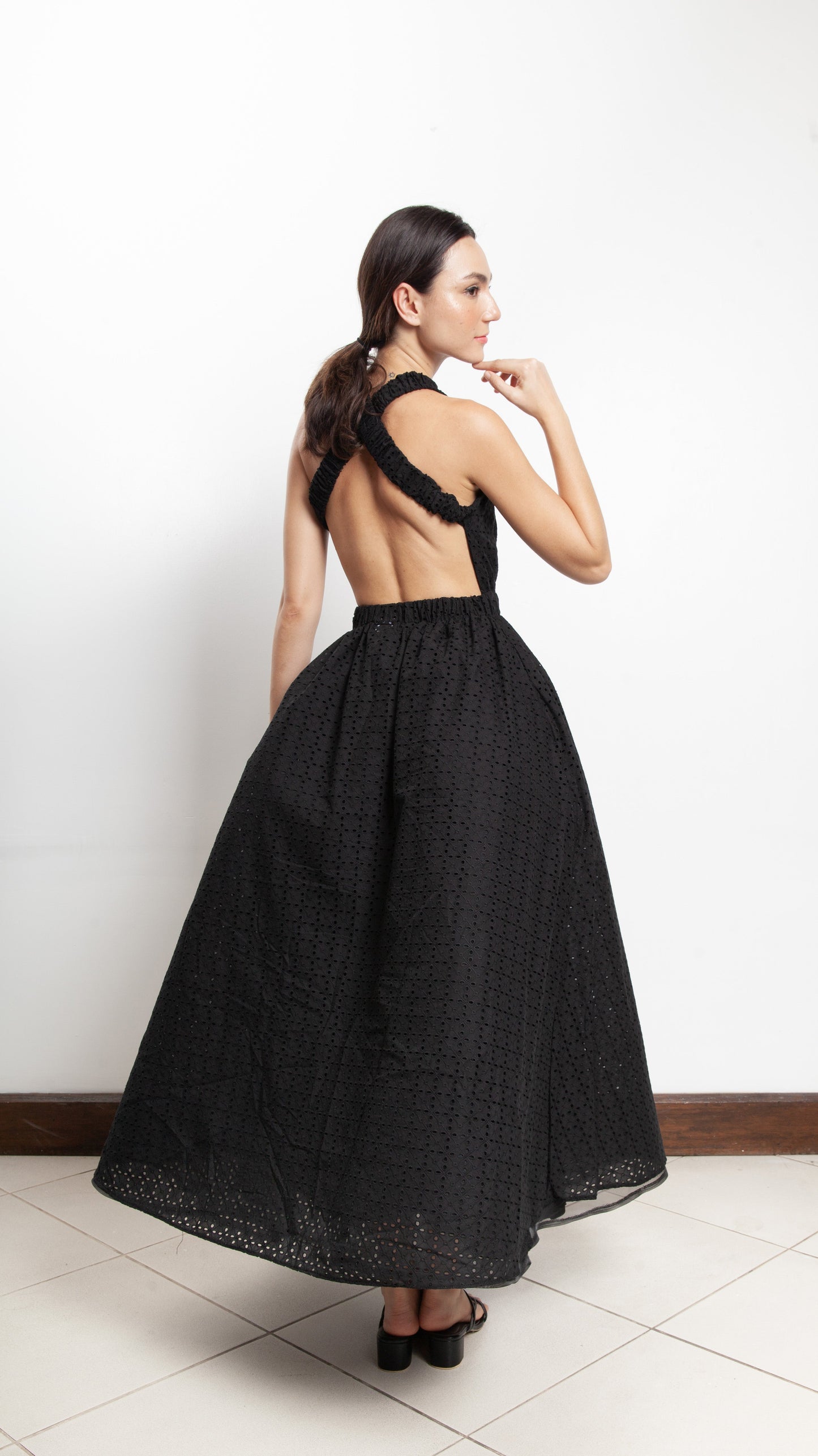 Elastic Waist Criss Cross Back Dress - Black Eyelet