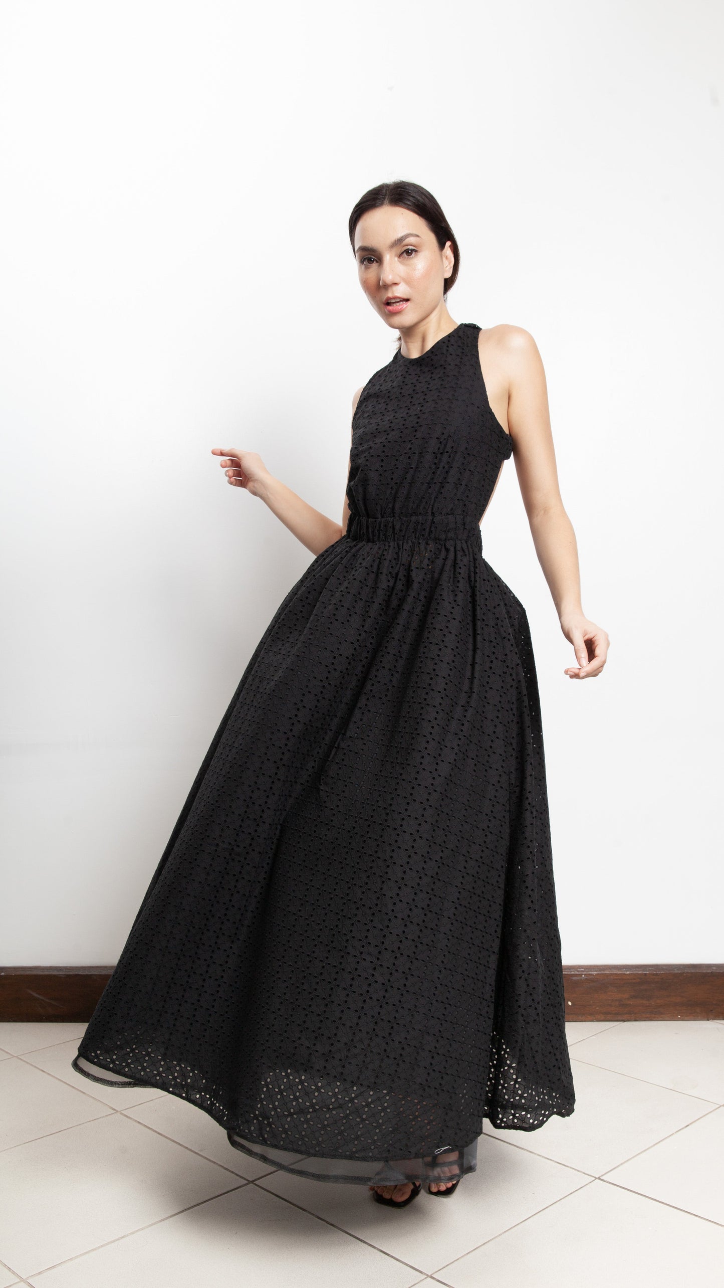 Elastic Waist Criss Cross Back Dress - Black Eyelet