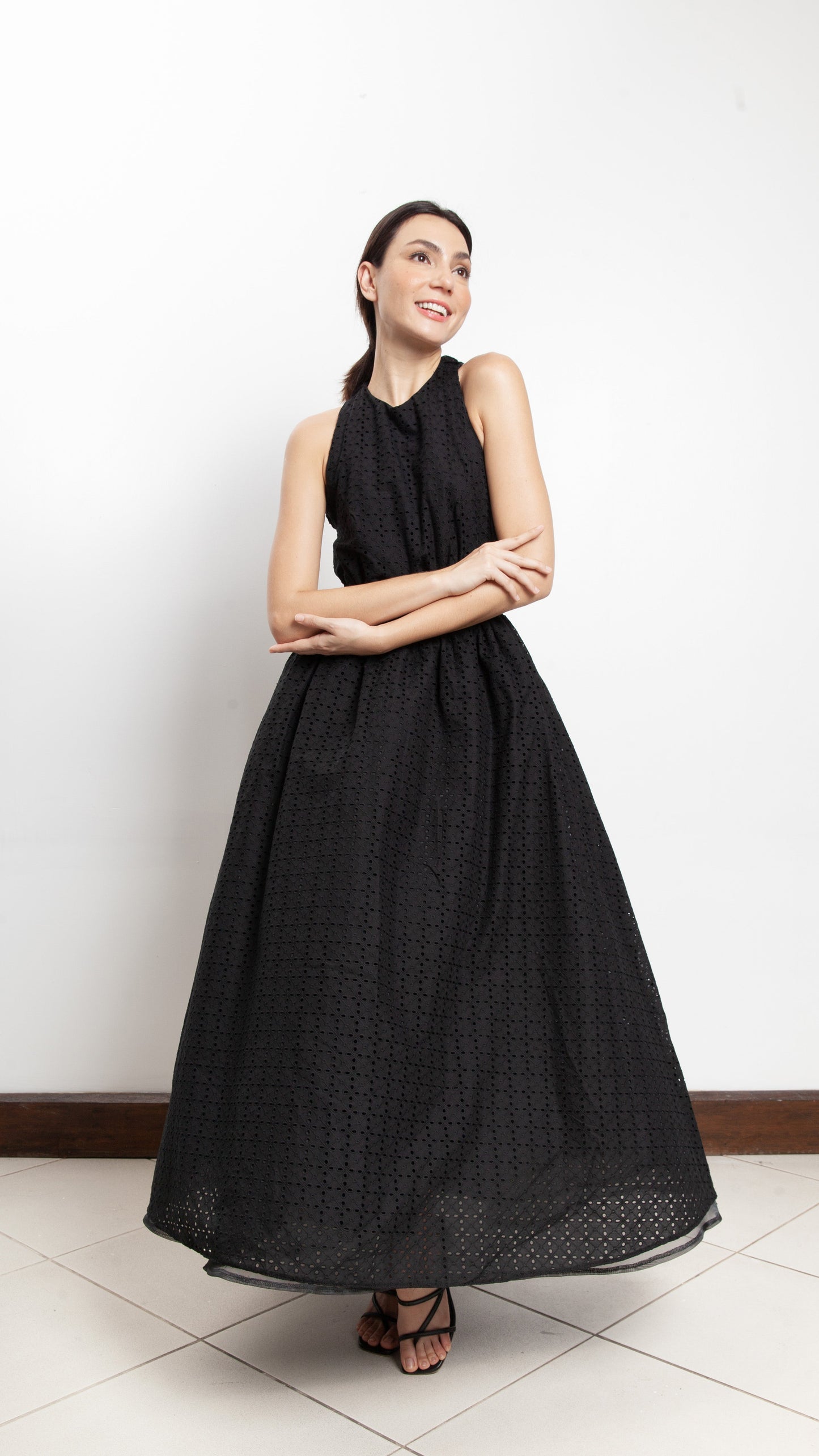 Elastic Waist Criss Cross Back Dress - Black Eyelet