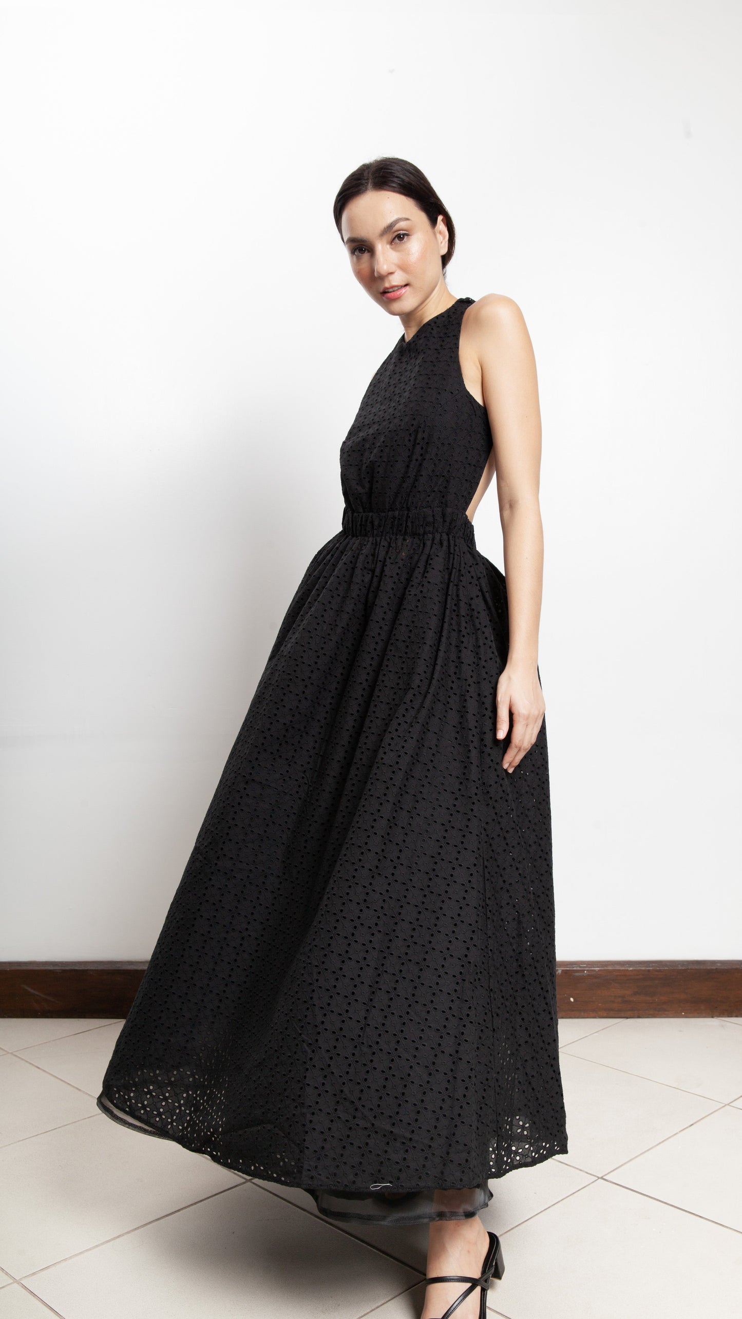 Elastic Waist Criss Cross Back Dress - Black Eyelet