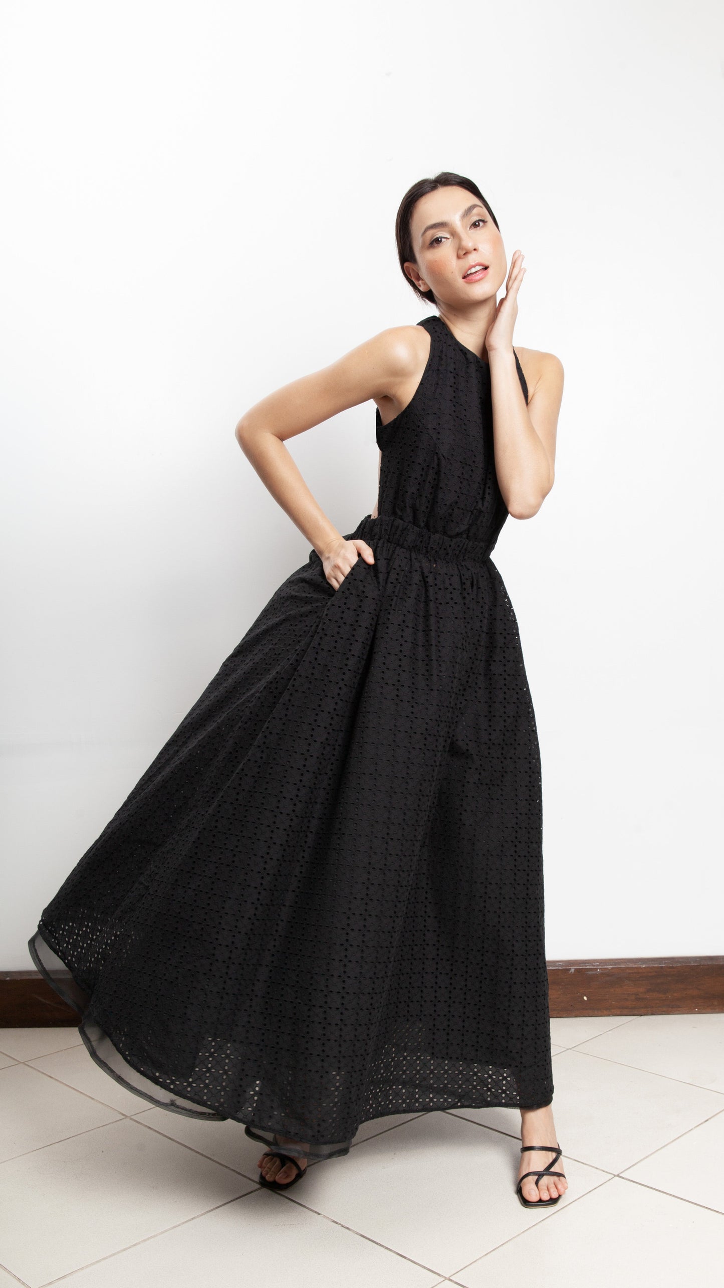 Elastic Waist Criss Cross Back Dress - Black Eyelet