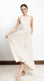 Load image into Gallery viewer, Elastic Waist Criss Cross Back Dress - Beige Linen
