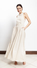 Load image into Gallery viewer, Elastic Waist Criss Cross Back Dress - Beige Linen
