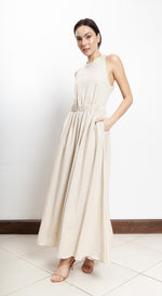 Load image into Gallery viewer, Elastic Waist Criss Cross Back Dress - Beige Linen
